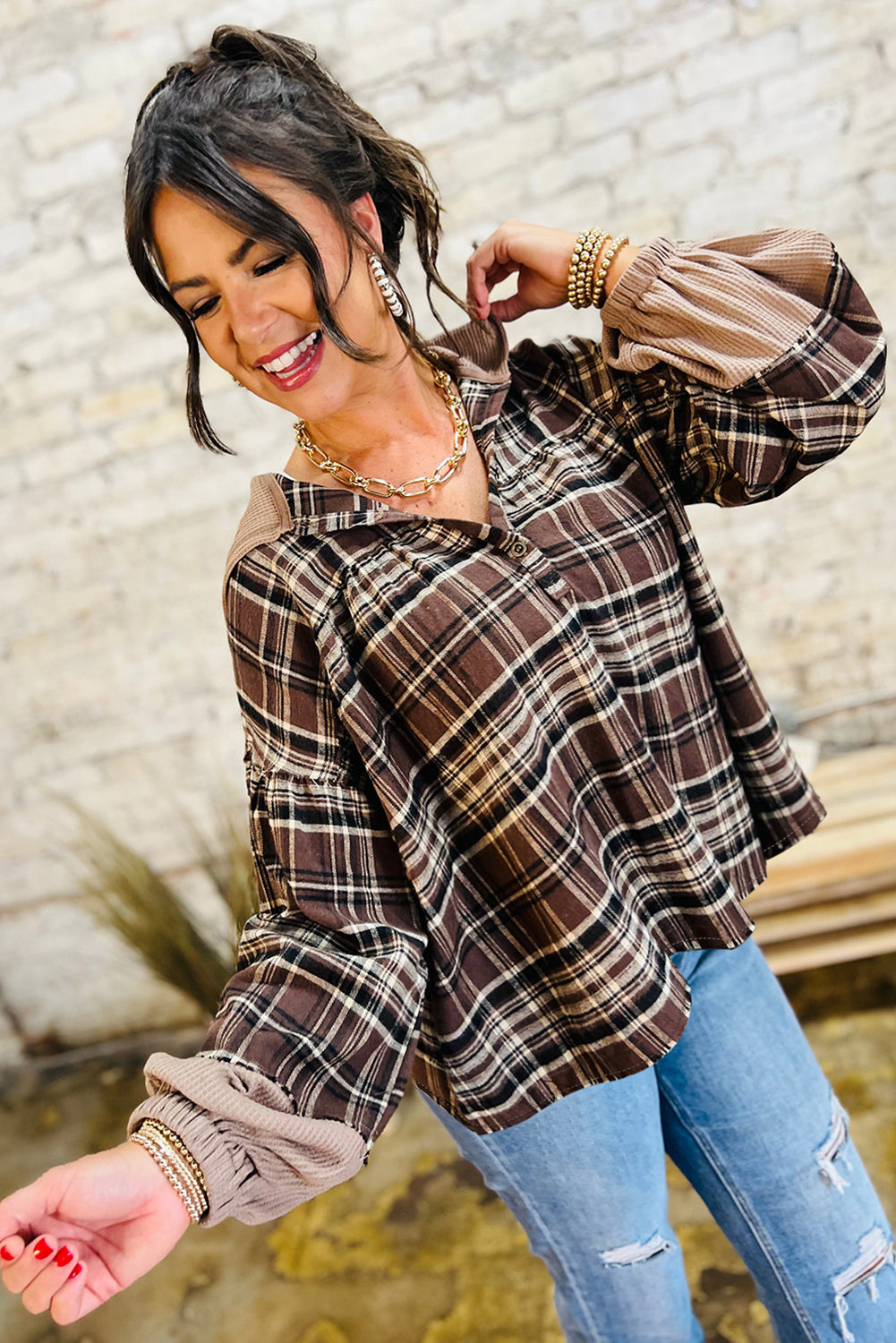 Brown Plaid Long Sleeve Hooded Sweater