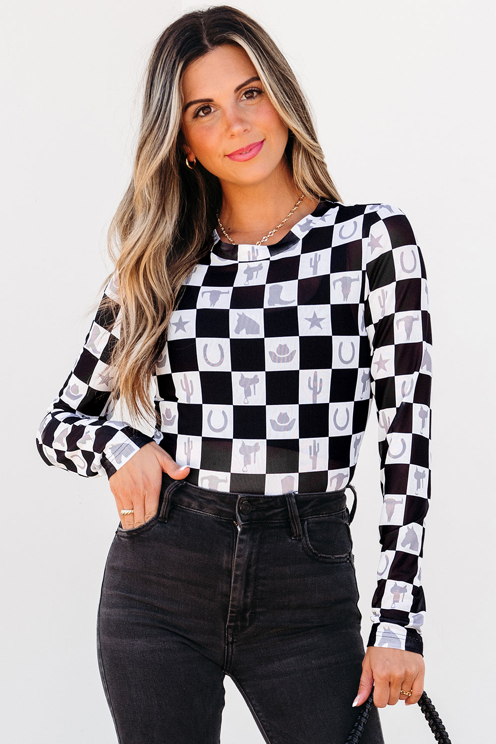 Checkerboard Mesh Long Sleeve Top