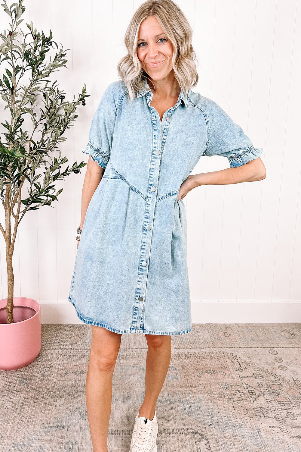 Mineral Wash Ruffled Short Sleeve Denim Dress