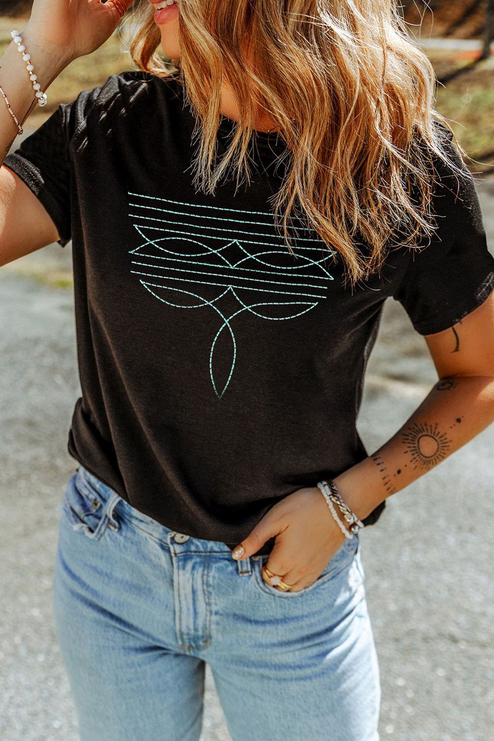Black Western Fashion Embroidered T Shirt