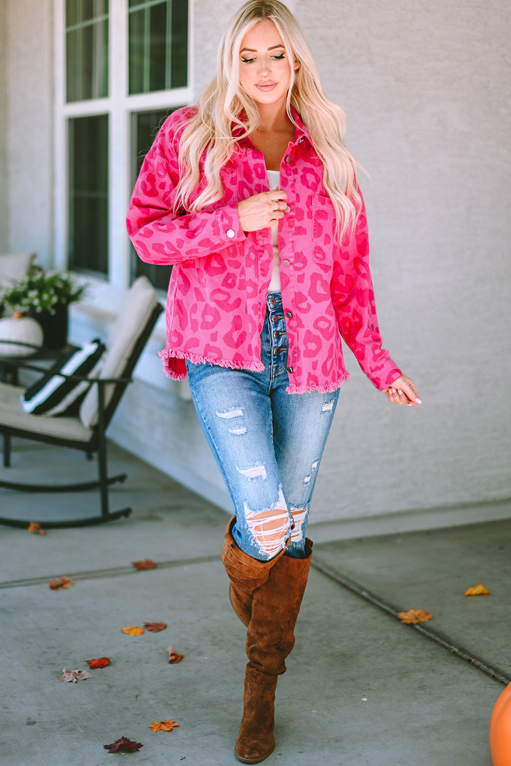 Pink Leopard Print Raw Hem Jacket