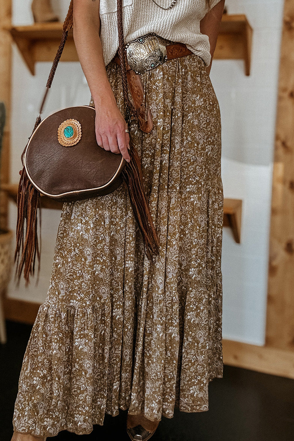 Western Floral High Waist Loose Maxi Skirt
