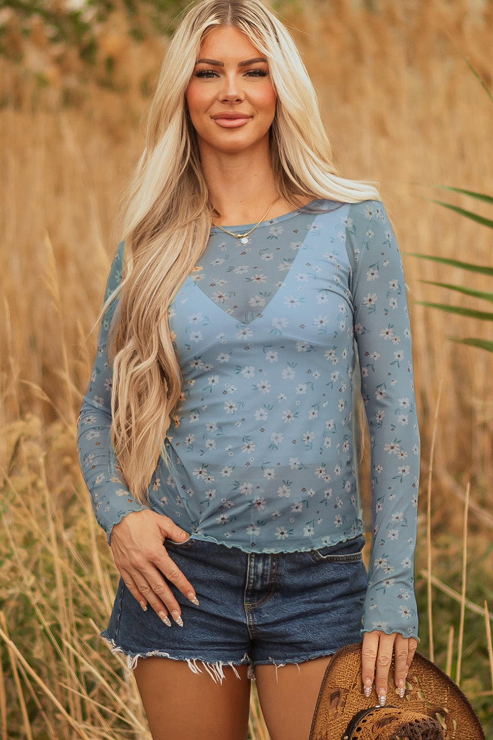 Vintage Floral Print Mesh Long Sleeve Top