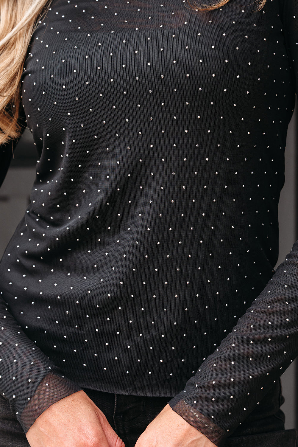 Rhinestone Embellished Mesh Long Sleeve Top