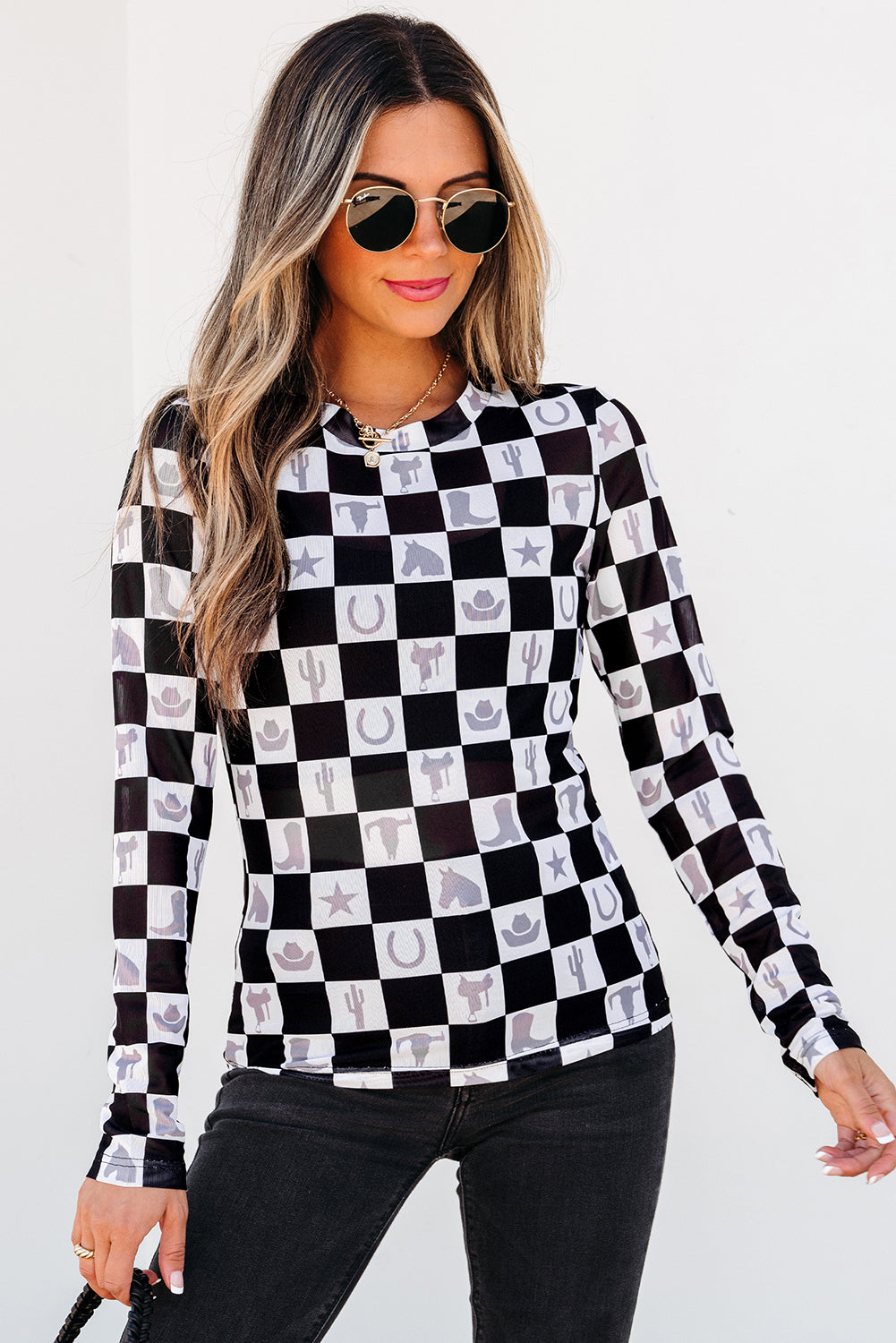 Checkerboard Mesh Long Sleeve Top