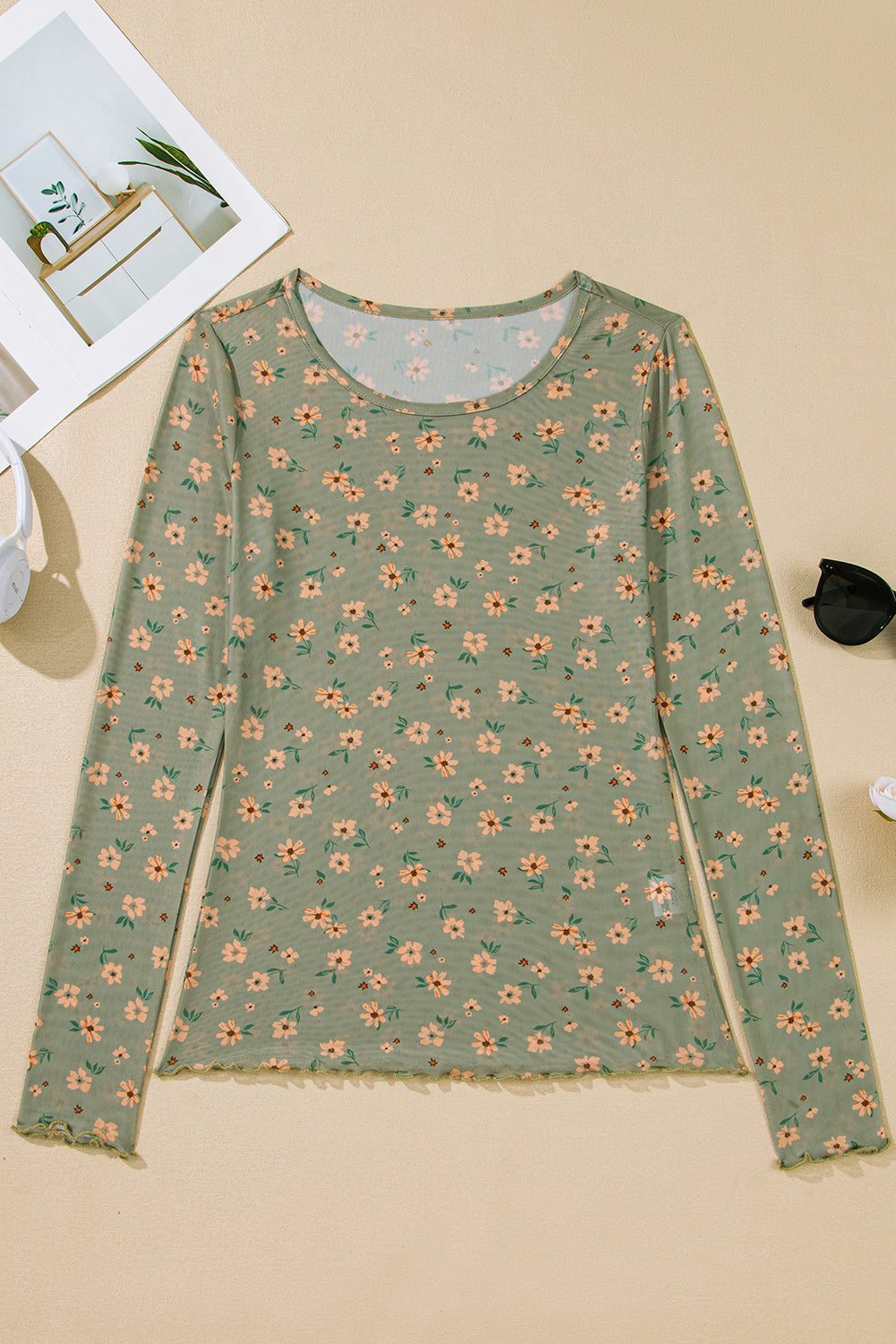 Laurel Green Vintage Floral Print Mesh Long Sleeve Top