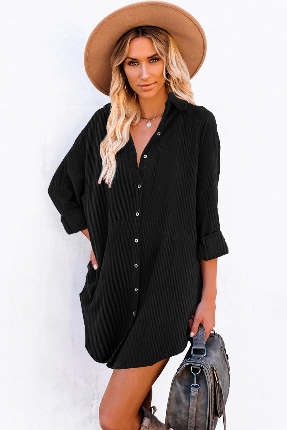 Corduroy Long Sleeve Shift Mini Dress