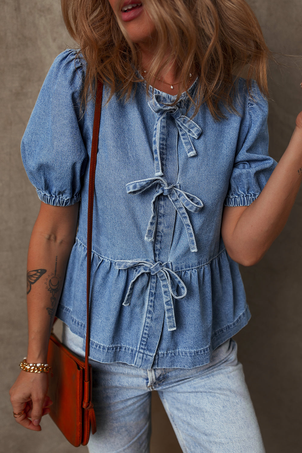 Tied Front Bubble Sleeve Denim Shirt