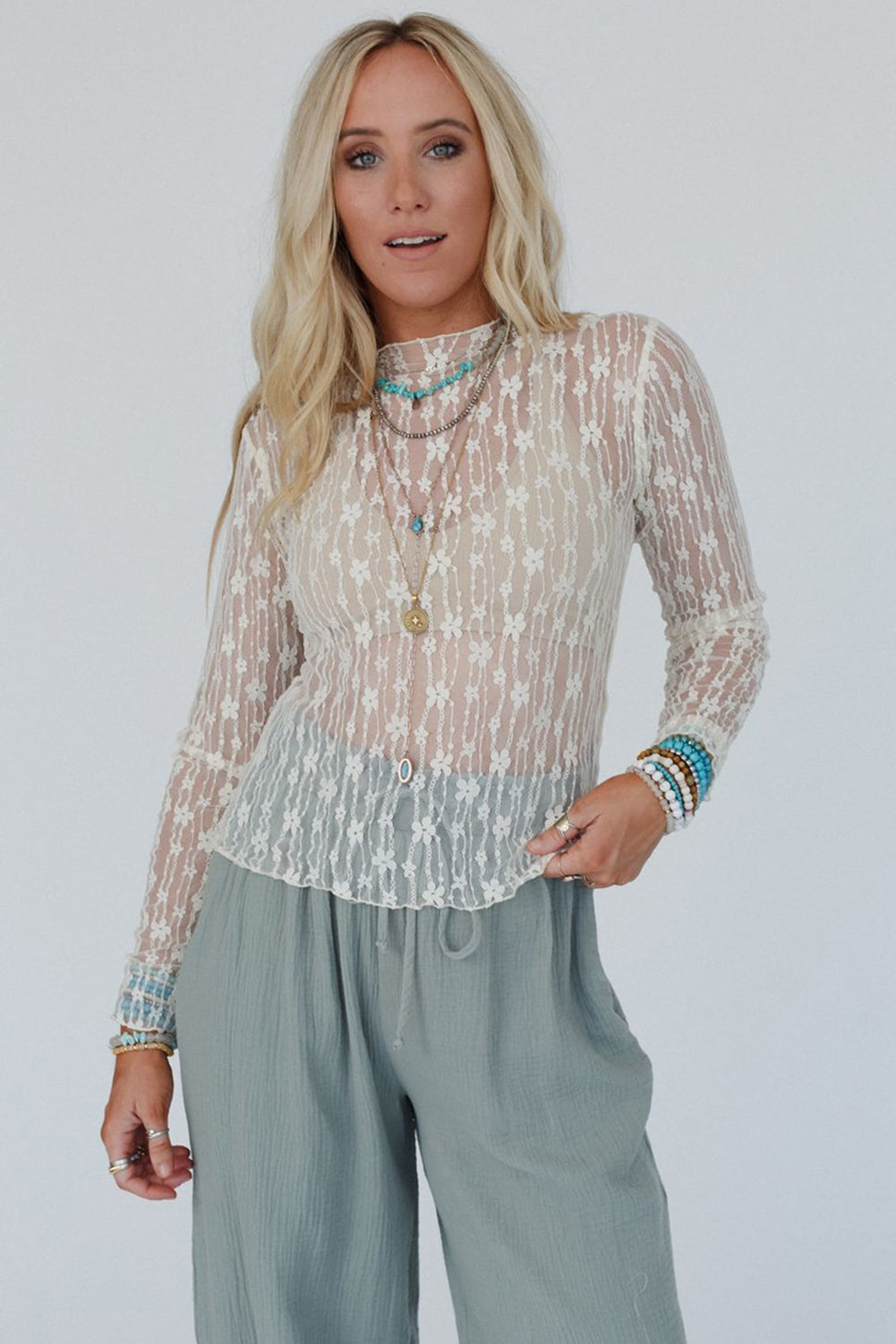 White Sheer Floral Lace Long Sleeve Slim Fit Top