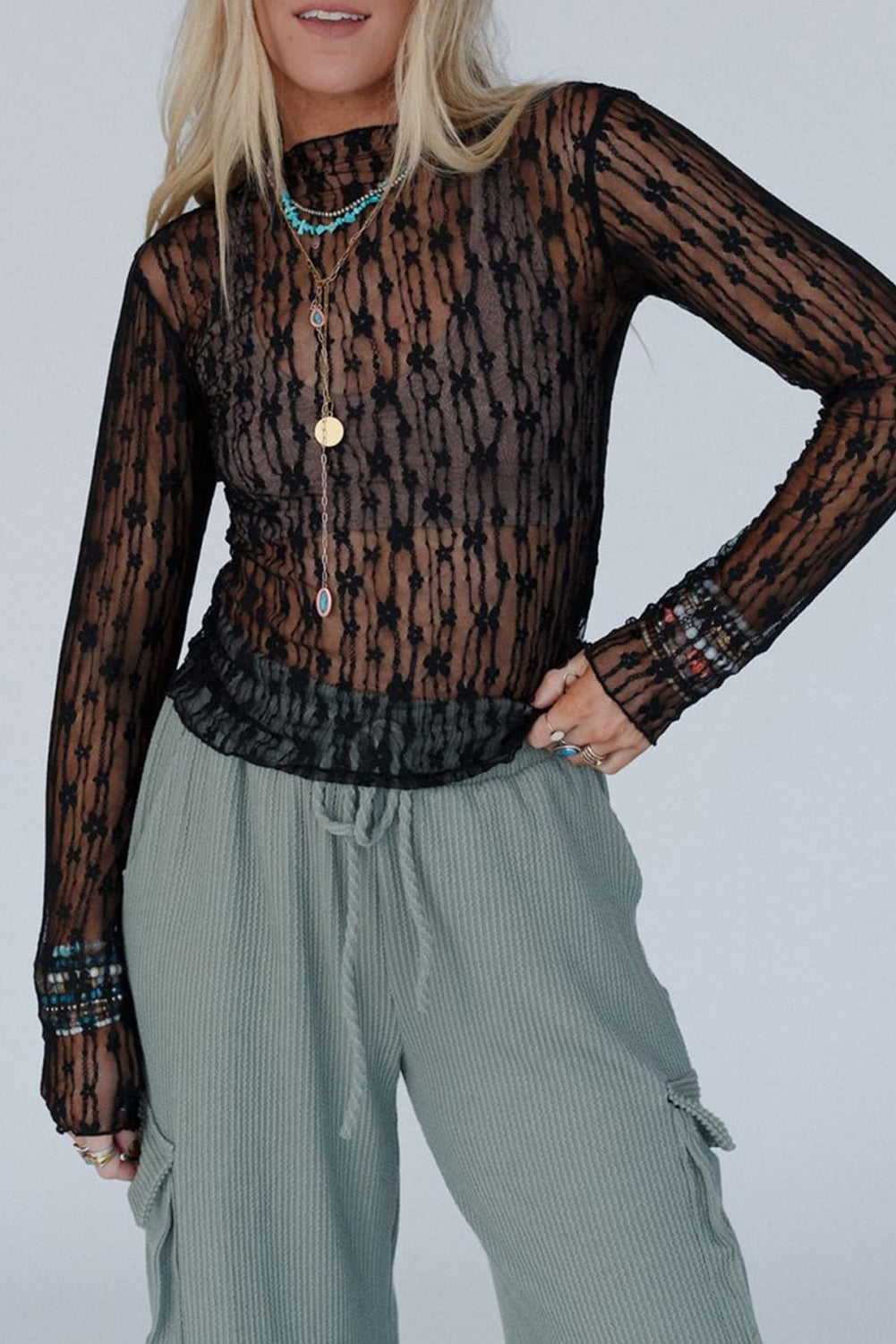 Sheer Floral Lace Long Sleeve Top