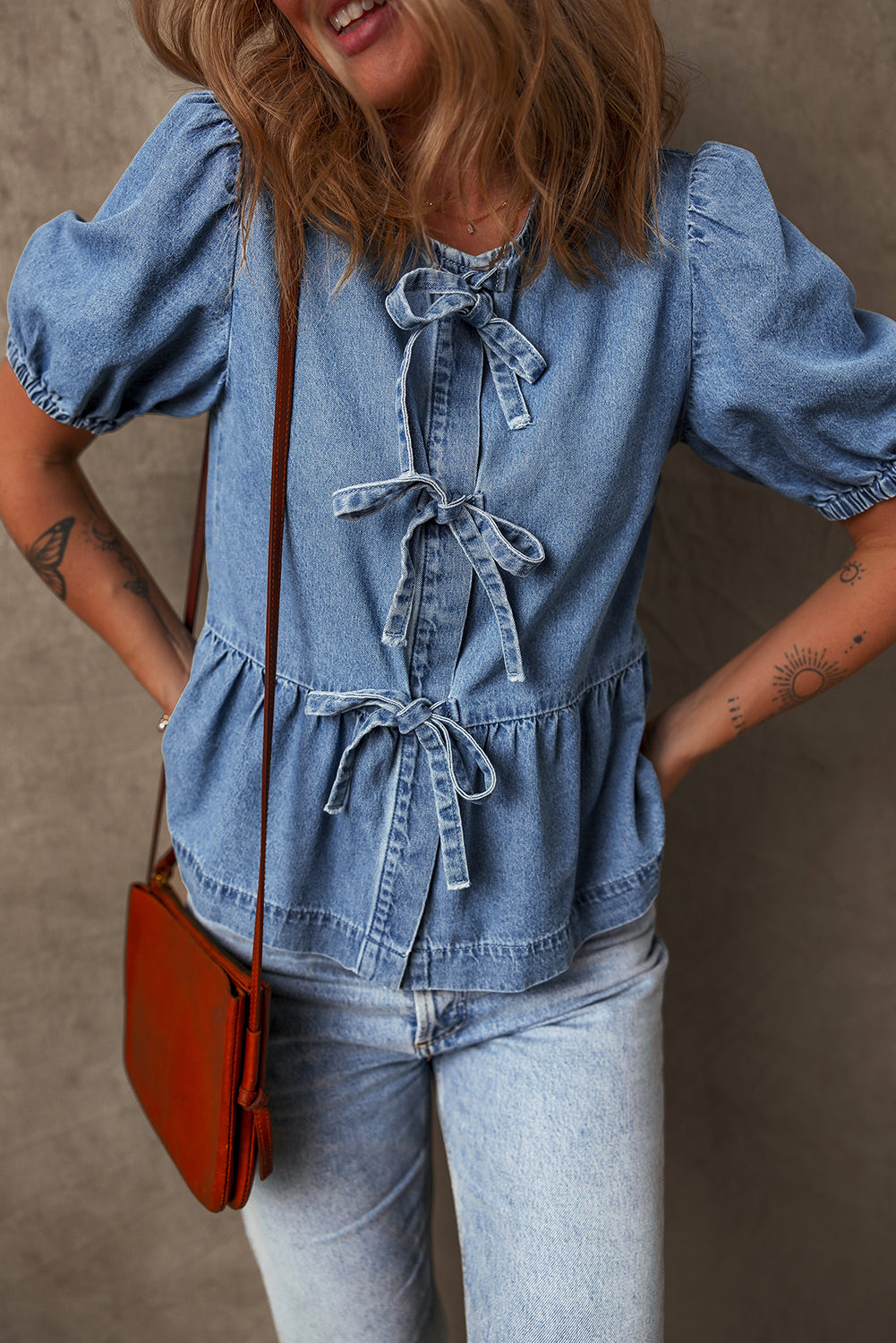 Tied Front Bubble Sleeve Denim Shirt