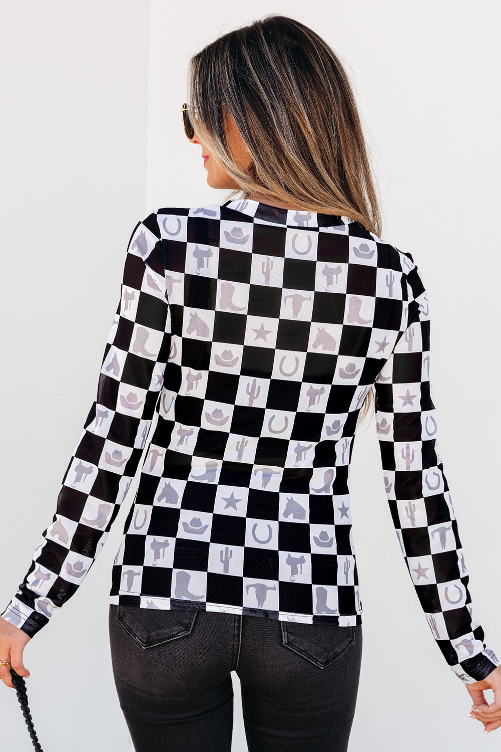 Checkerboard Mesh Long Sleeve Top
