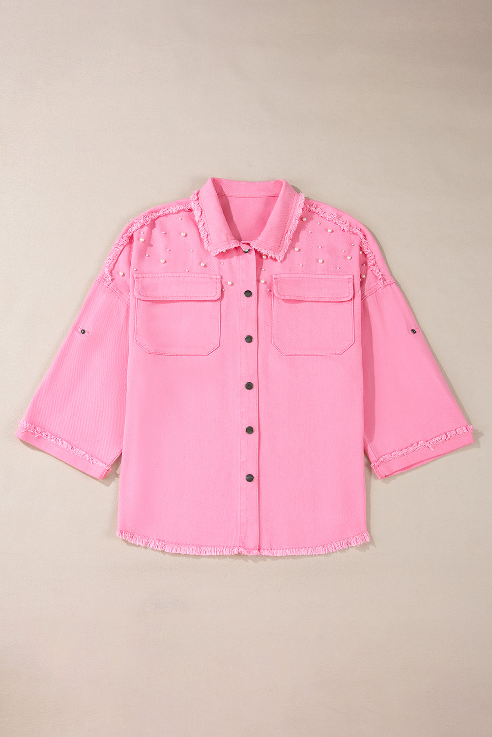 Pearl Beaded Raw Hem Button Up Denim Jacket