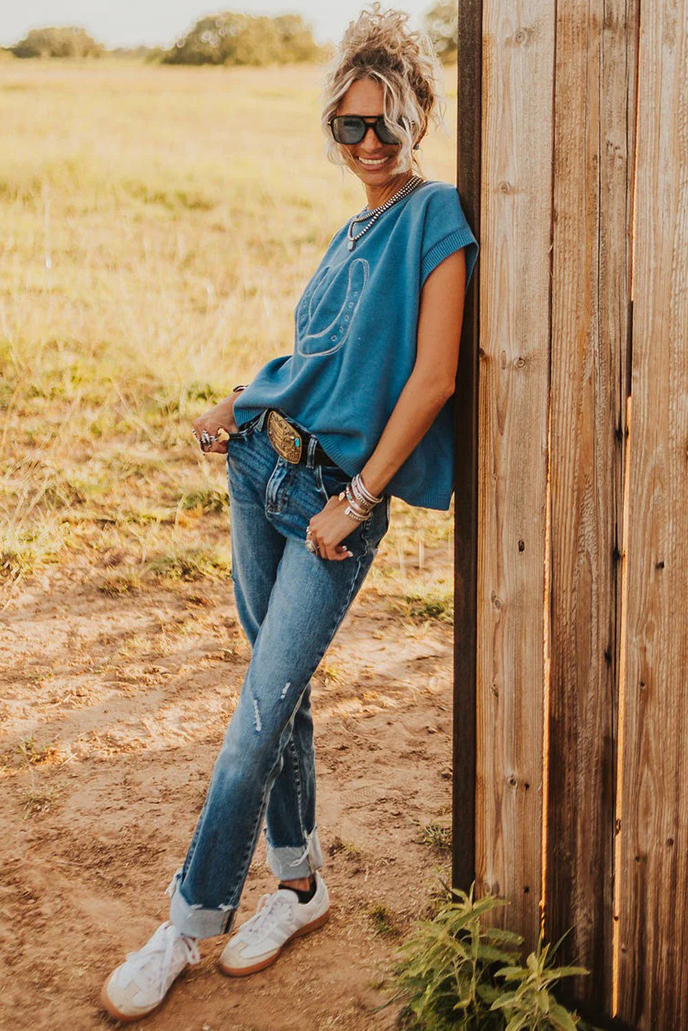 Horse Shoe Embroidered Short Sleeve Sweater