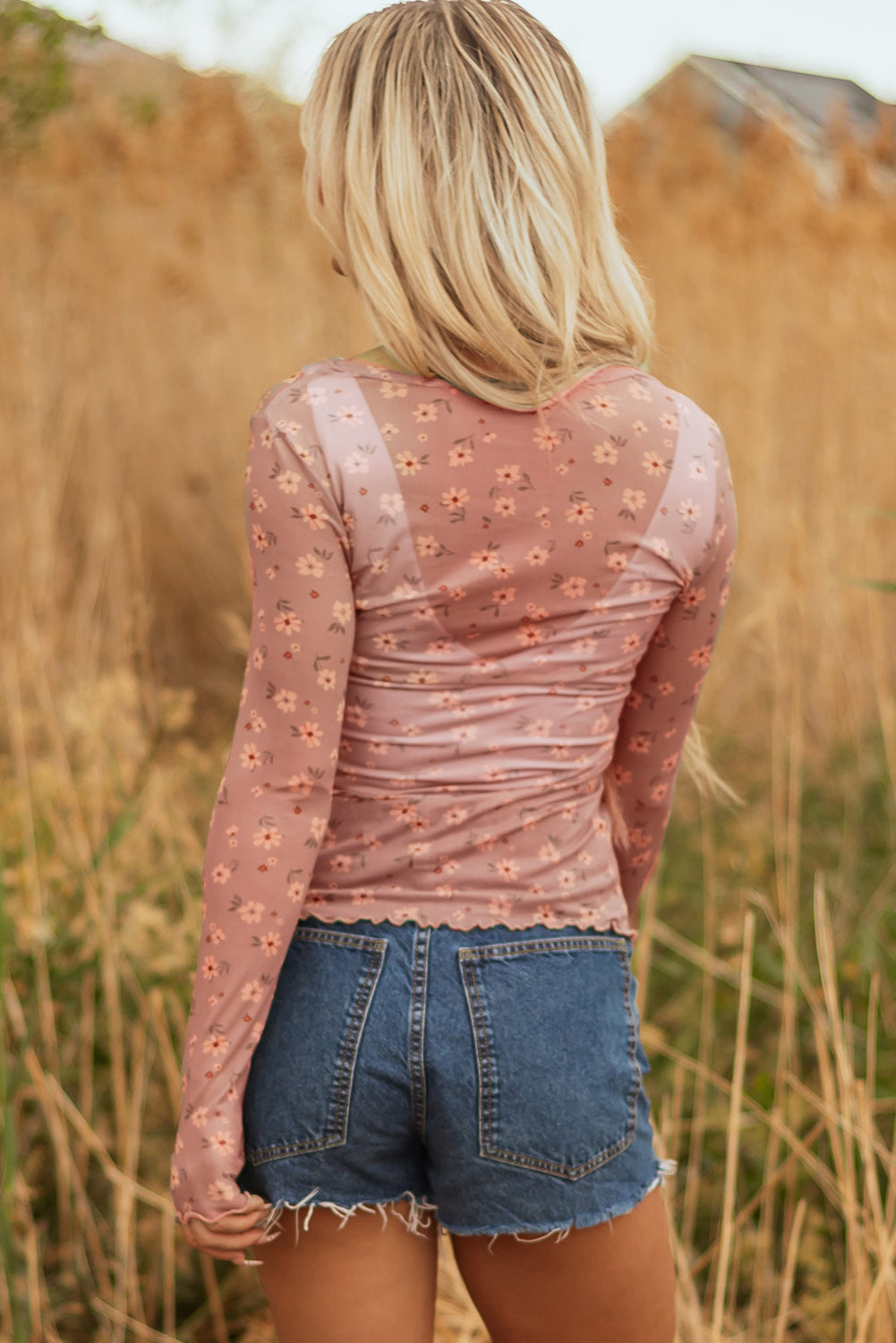 Vintage Floral Print Mesh Long Sleeve Top