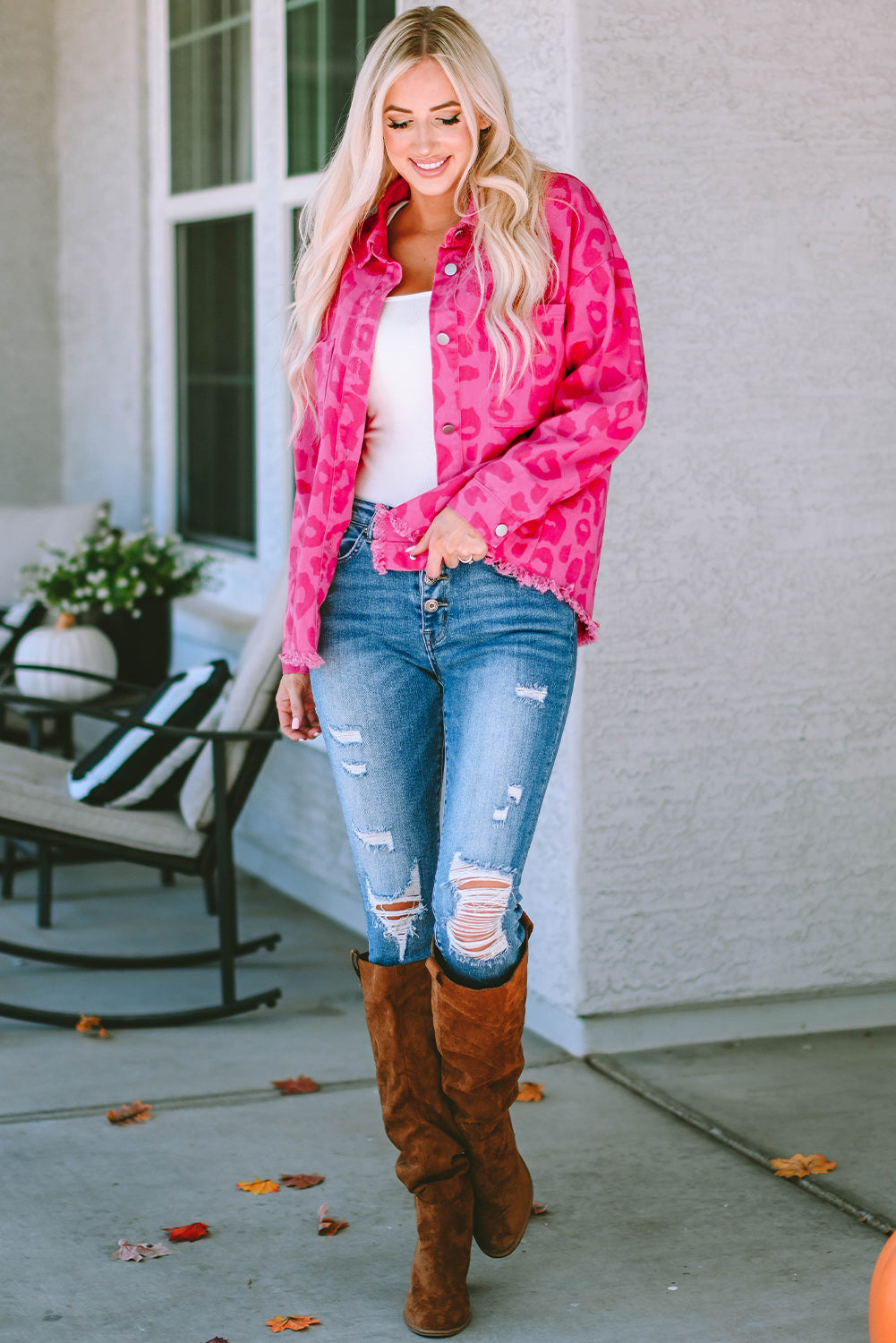 Pink Leopard Print Raw Hem Jacket