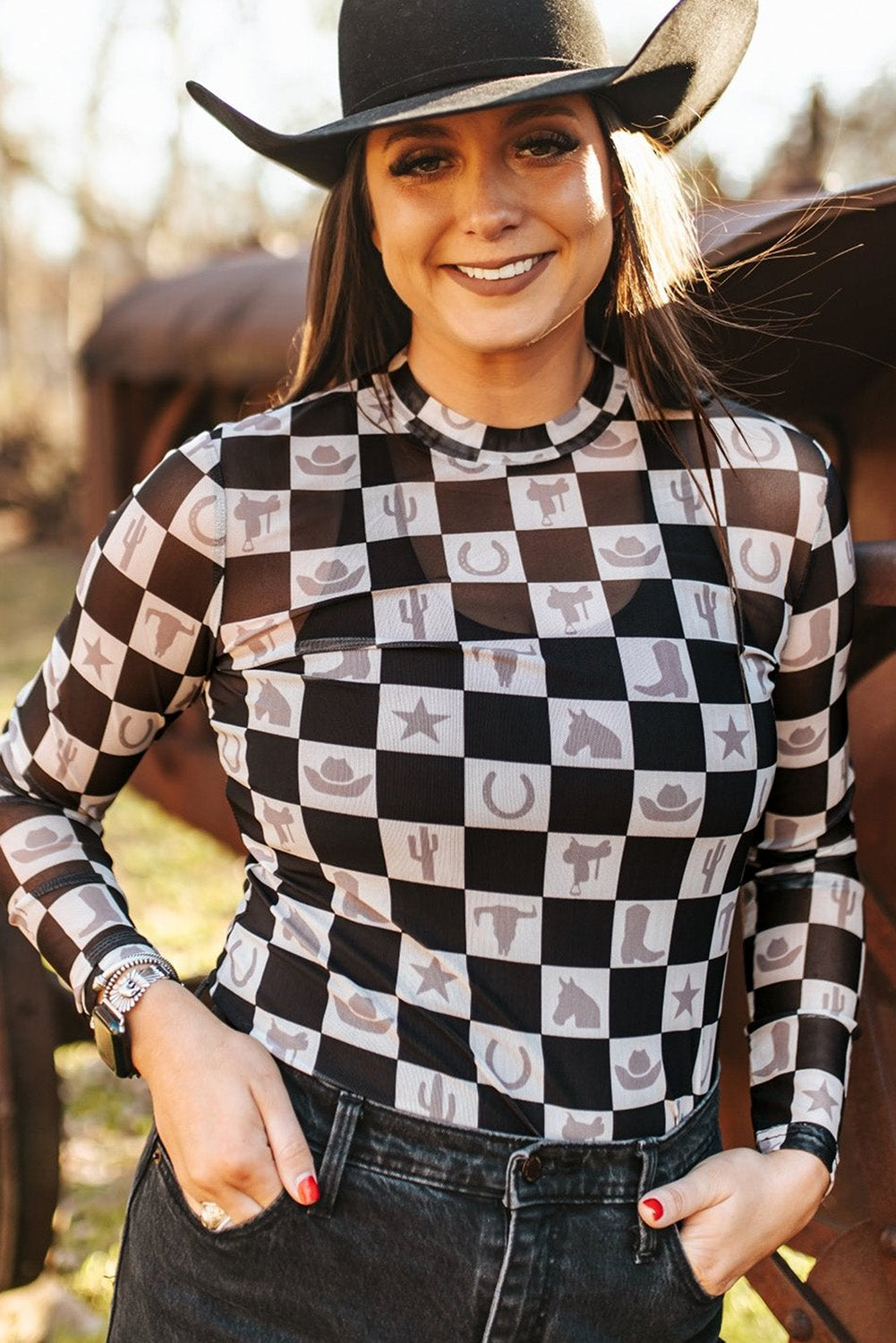 Checkerboard Mesh Long Sleeve Top