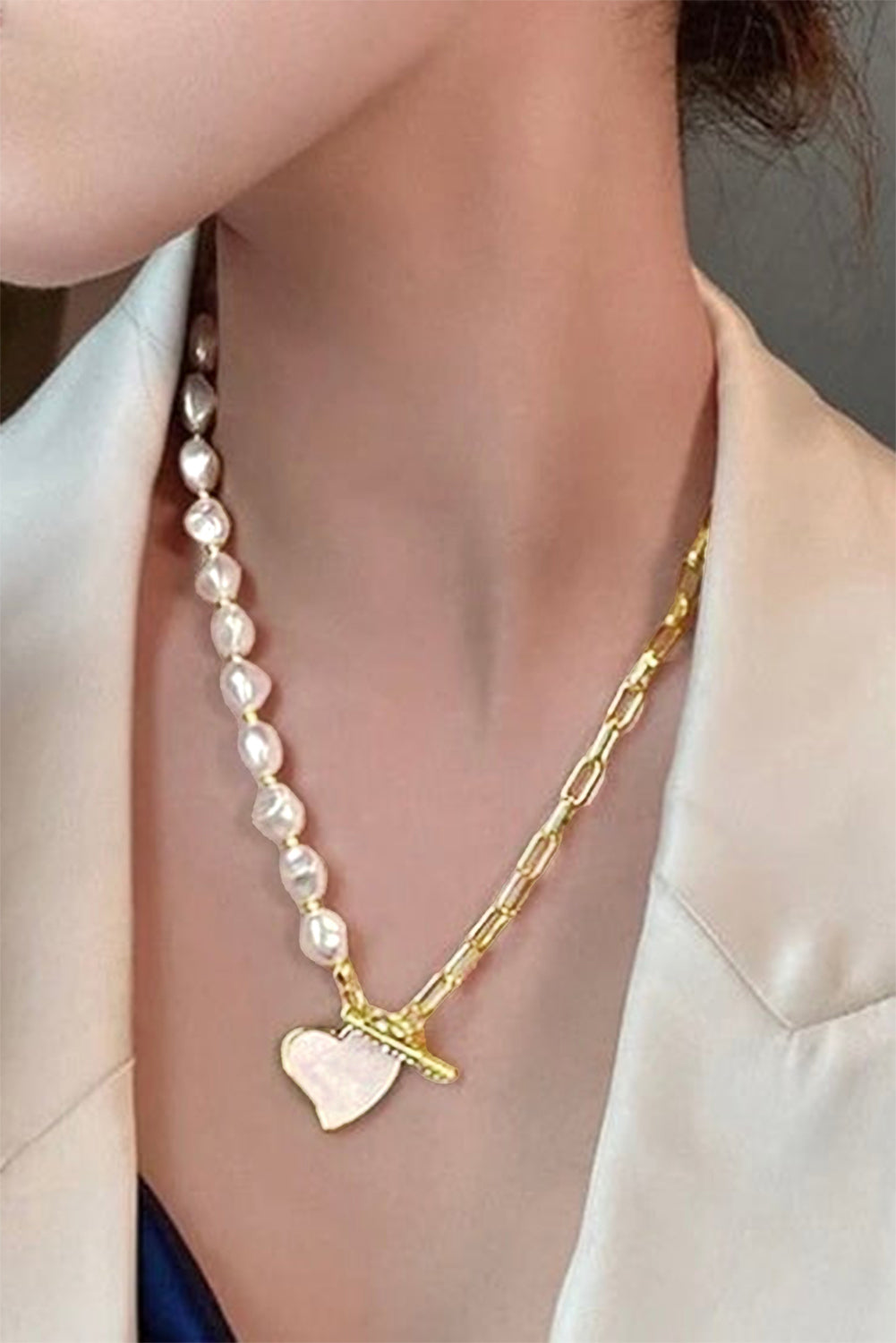 Heart Shape Pendant Pearl Chain Necklace