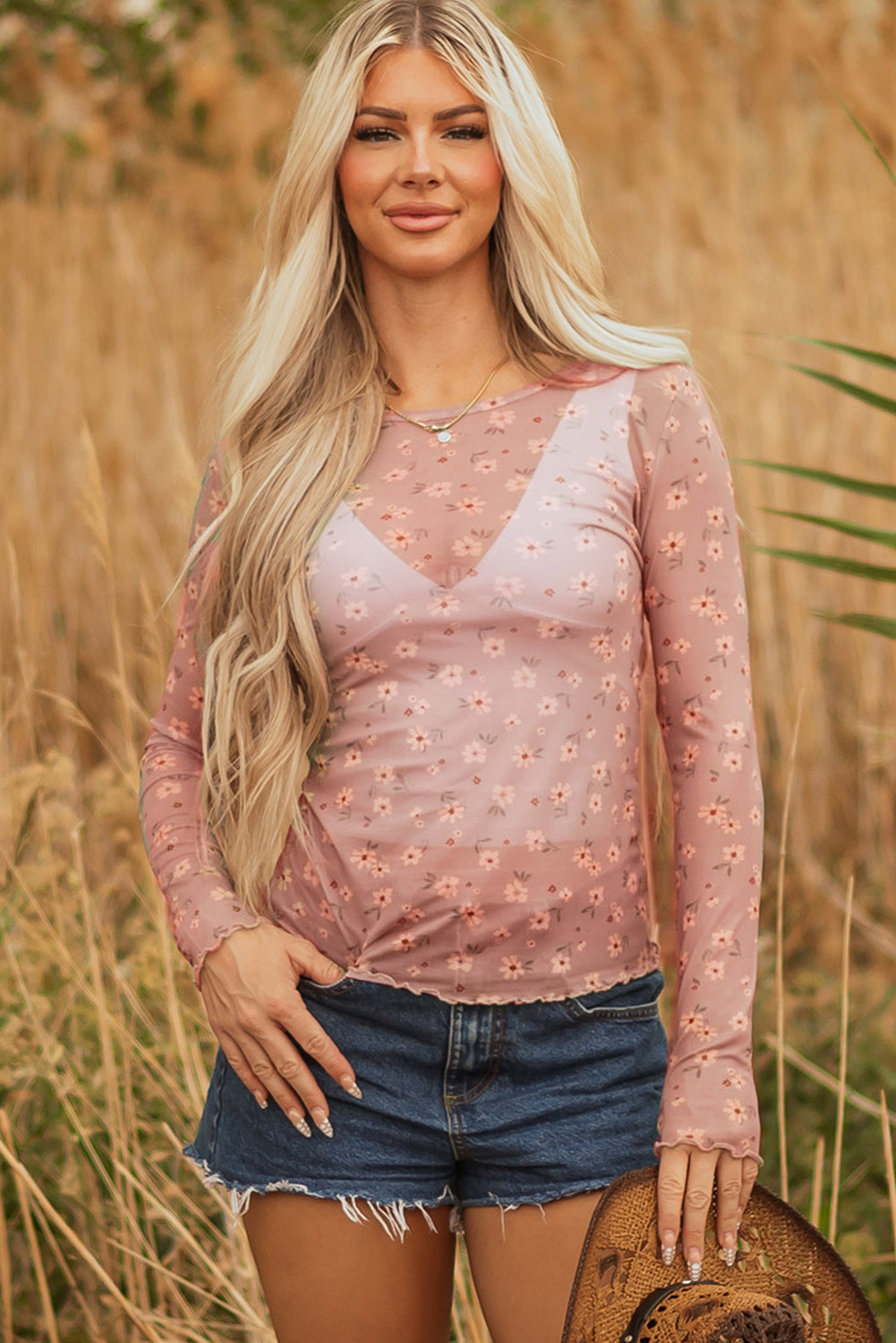 Vintage Floral Print Mesh Long Sleeve Top