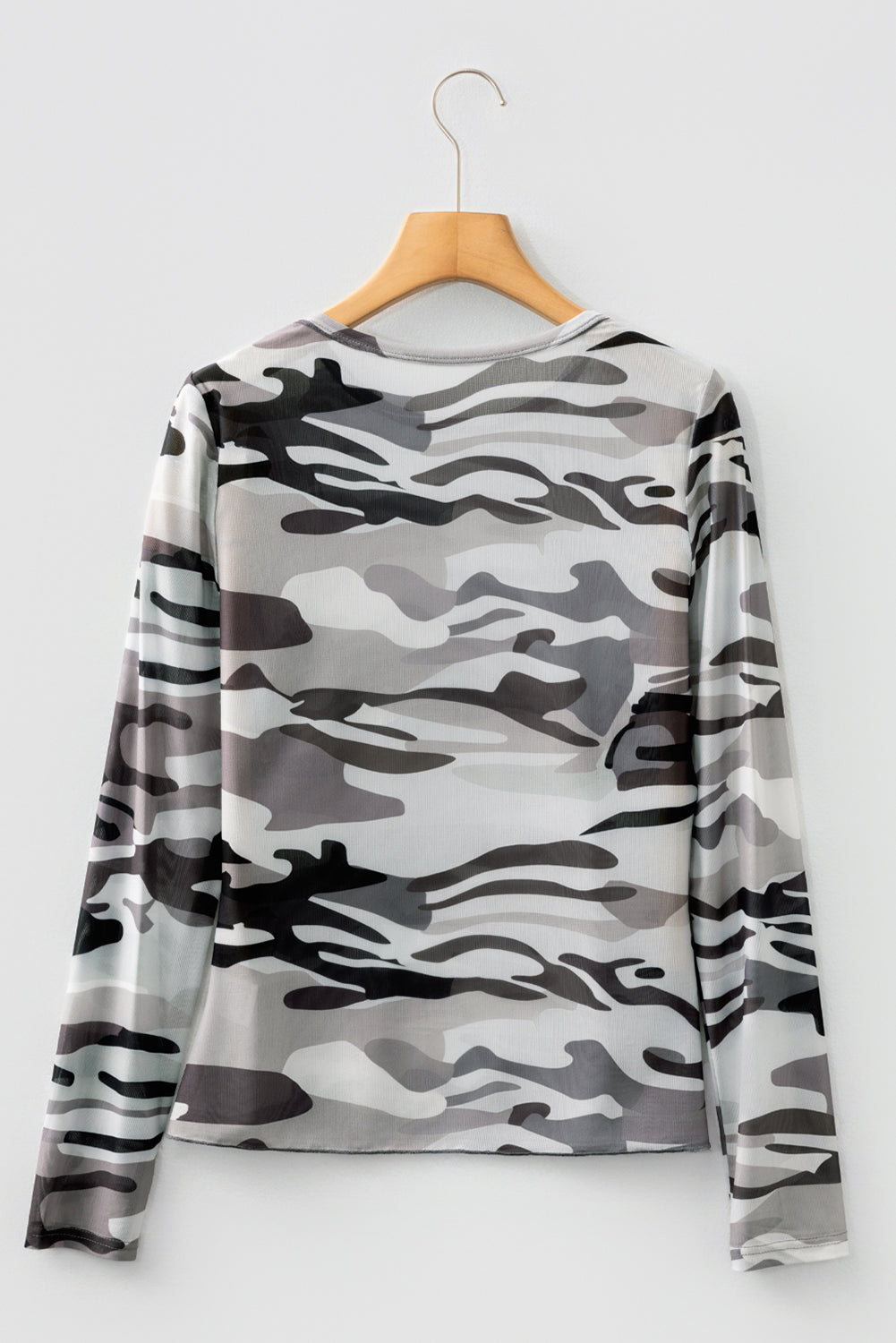 Green Camouflage Print Mesh Long Sleeve Top