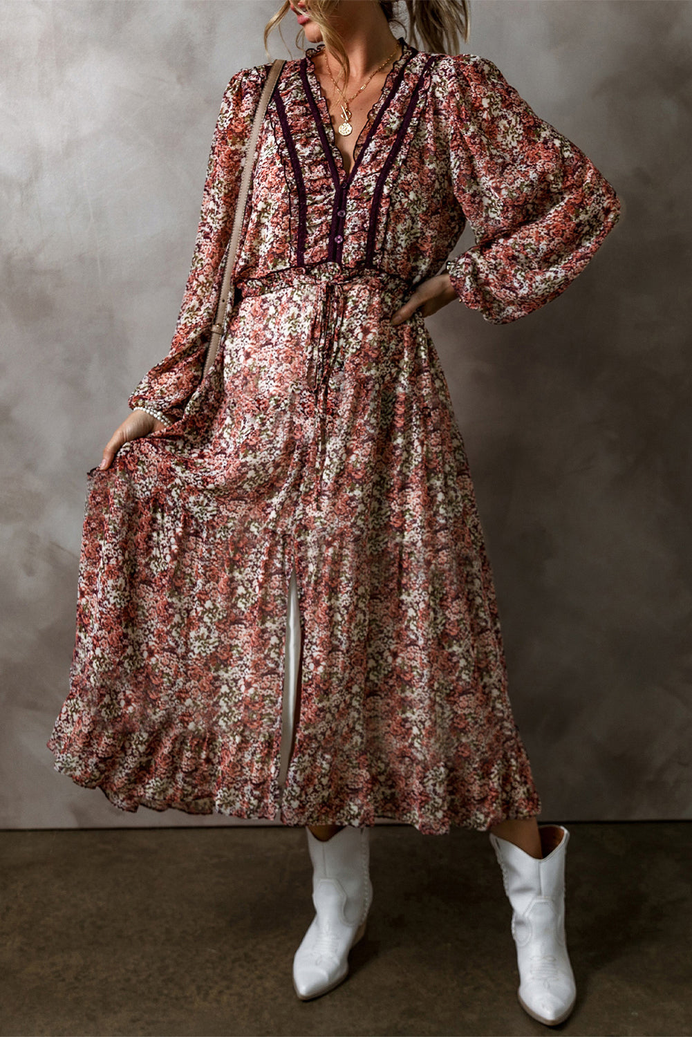 Floral Print Frilled V Neck Midi Dress