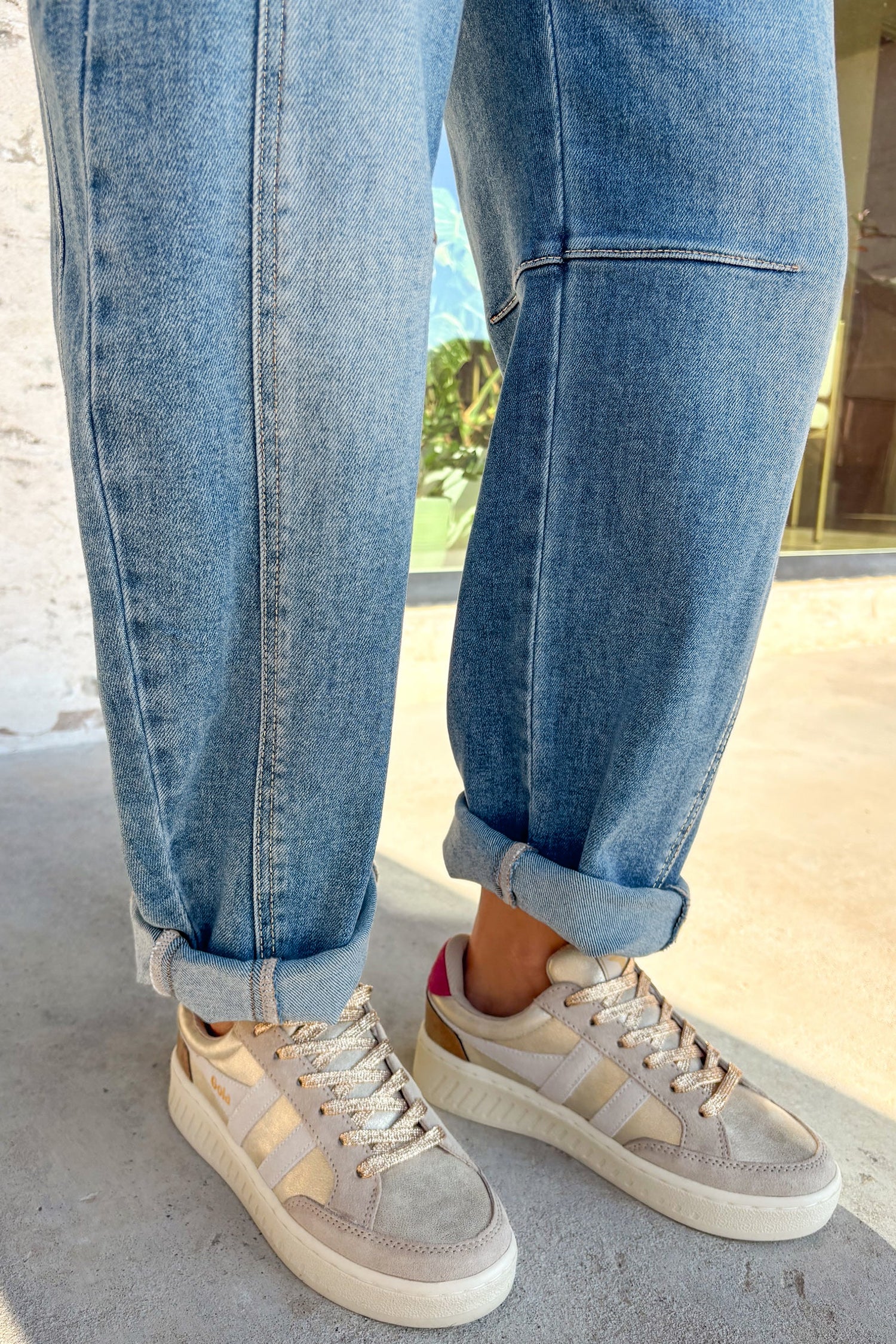 Medium Wash Cuffed Barrel Jeans