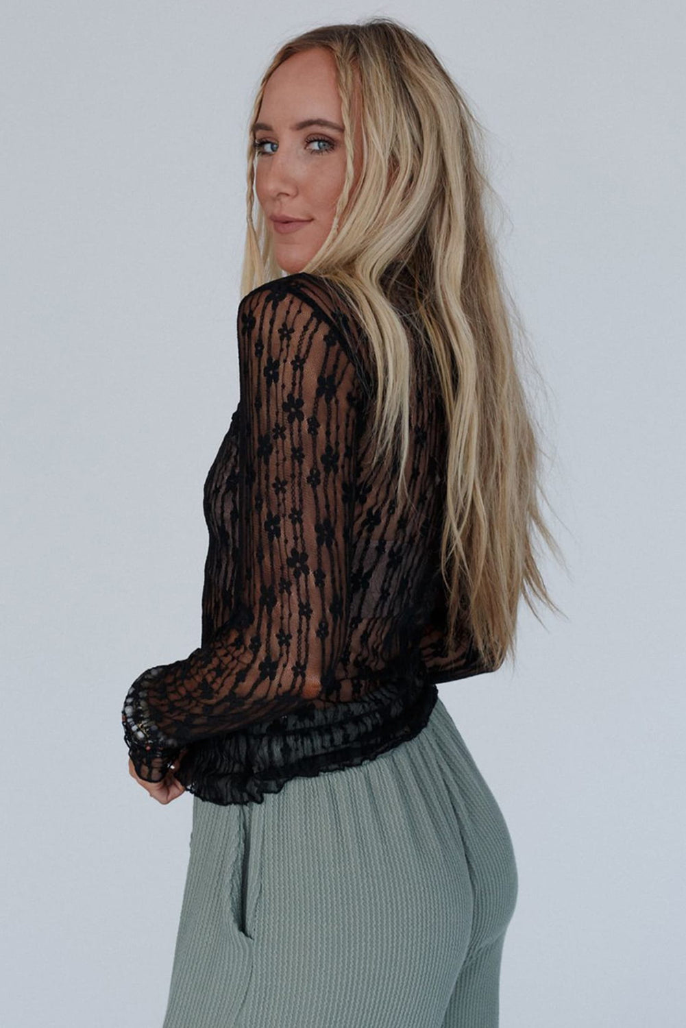 Sheer Floral Lace Long Sleeve Top