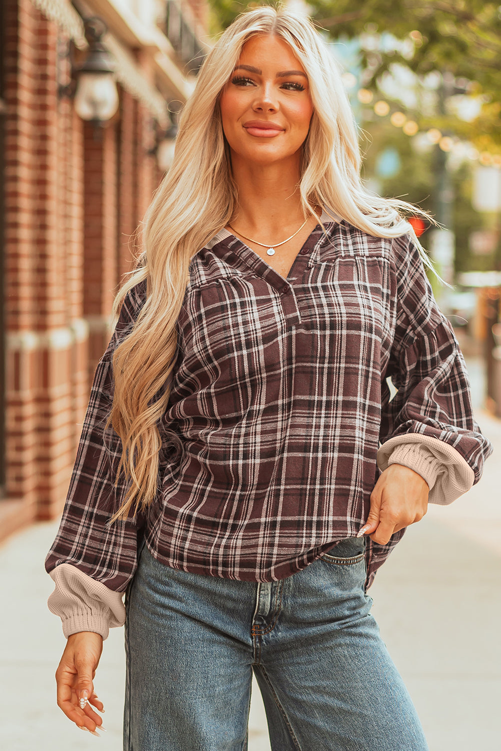 Brown Plaid Long Sleeve Hooded Sweater