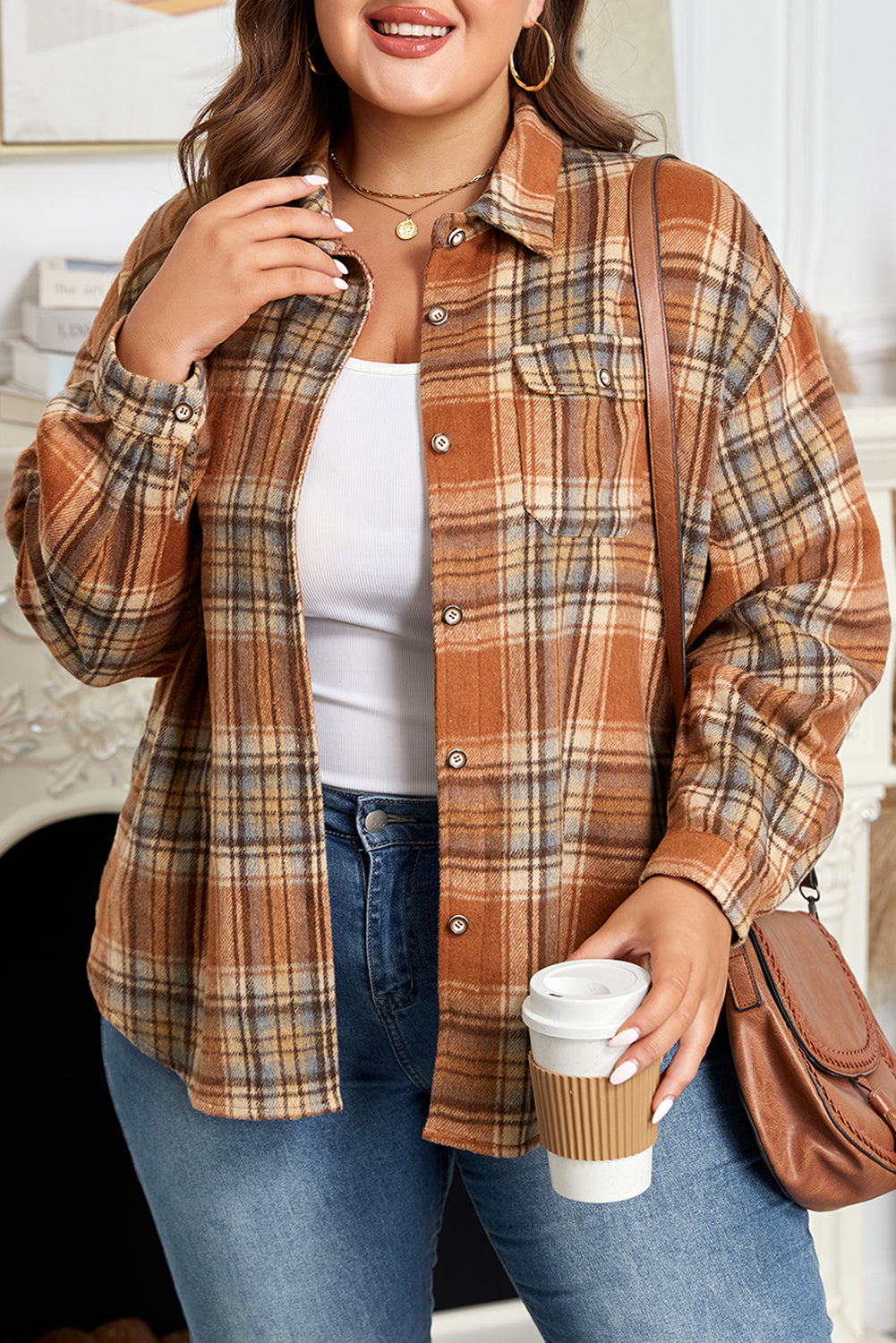 Plaid Print Buttoned Plus Size Shacket