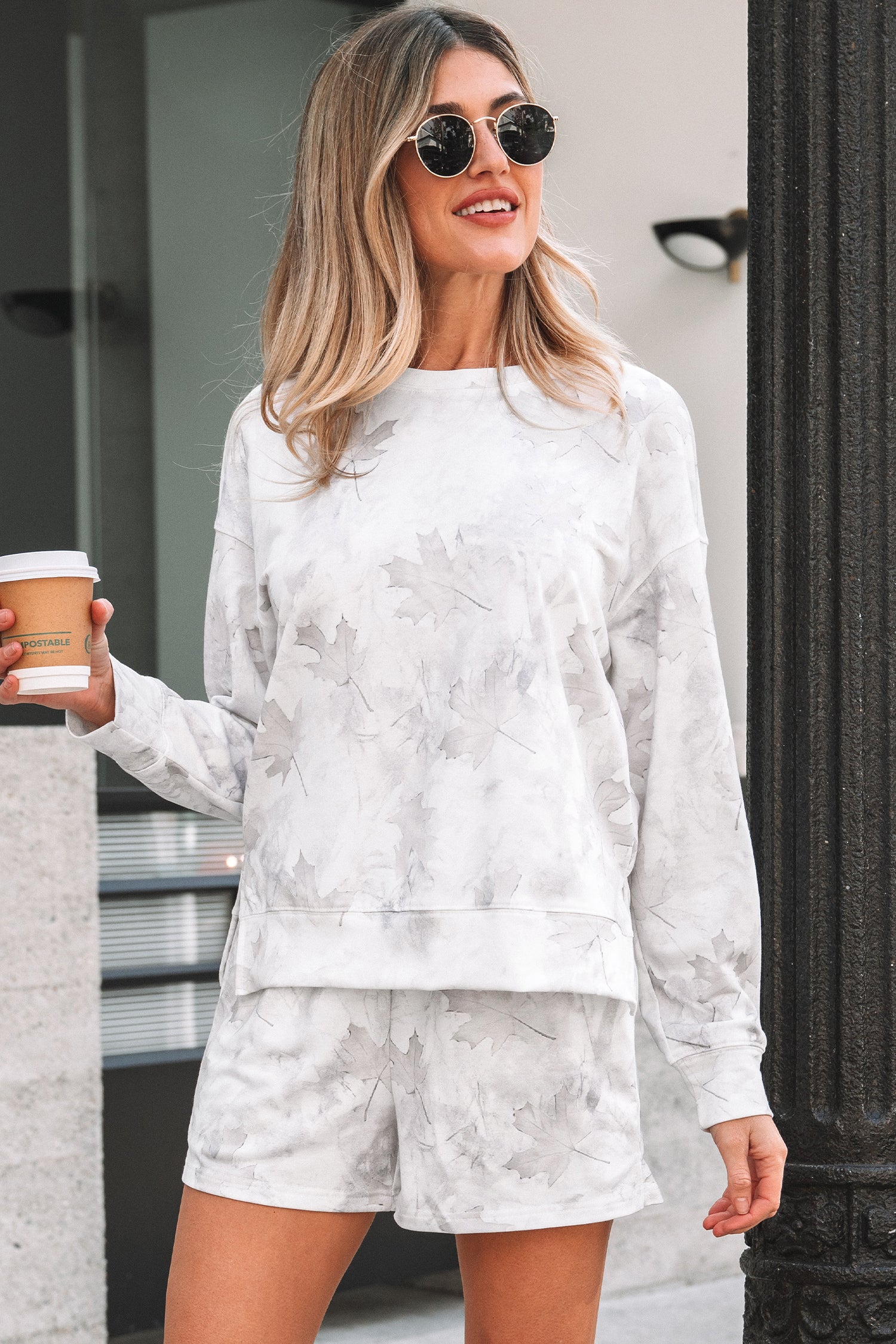 Camo Print Pullover Top and Casual Short Set