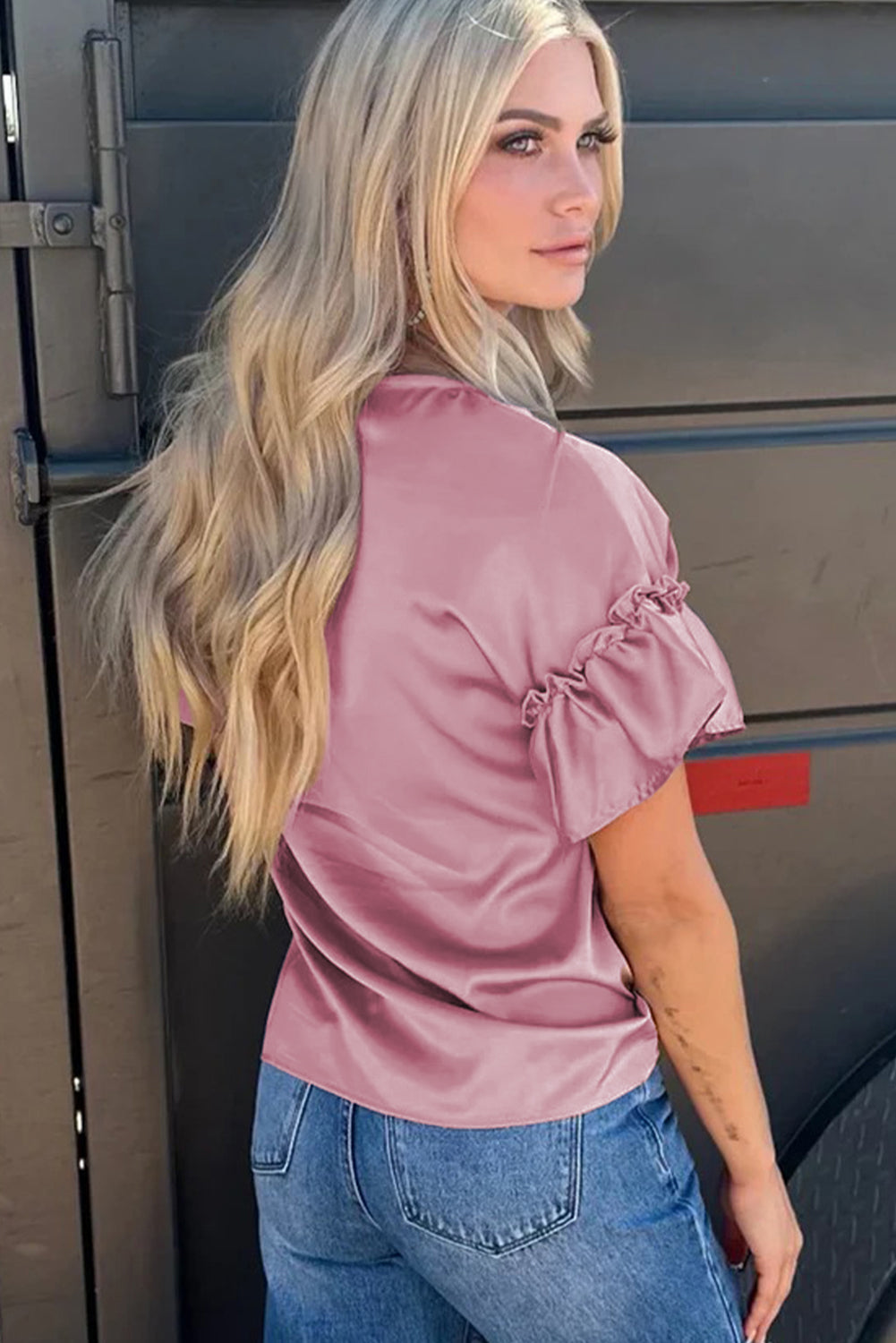 Satin Ruffle Sleeve Top