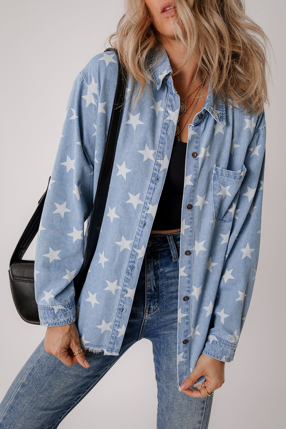 Blue Star Print Light Wash Raw Hem Denim Jacket