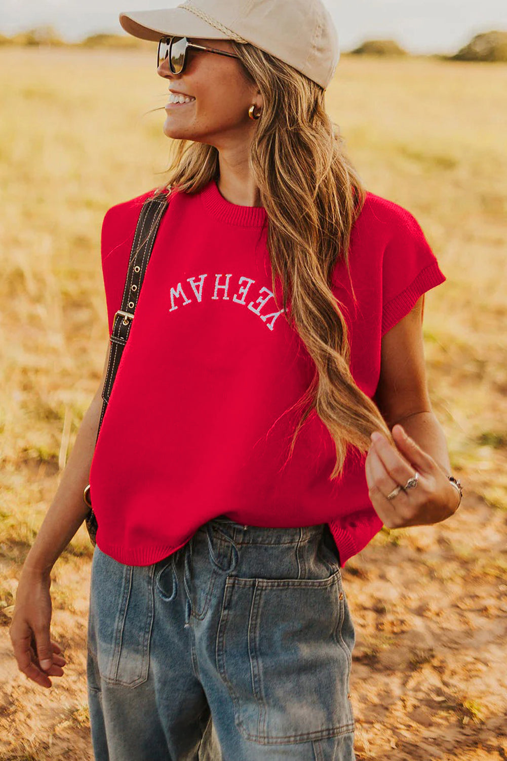 YEEHAW Embroidered Short Sleeve Sweater