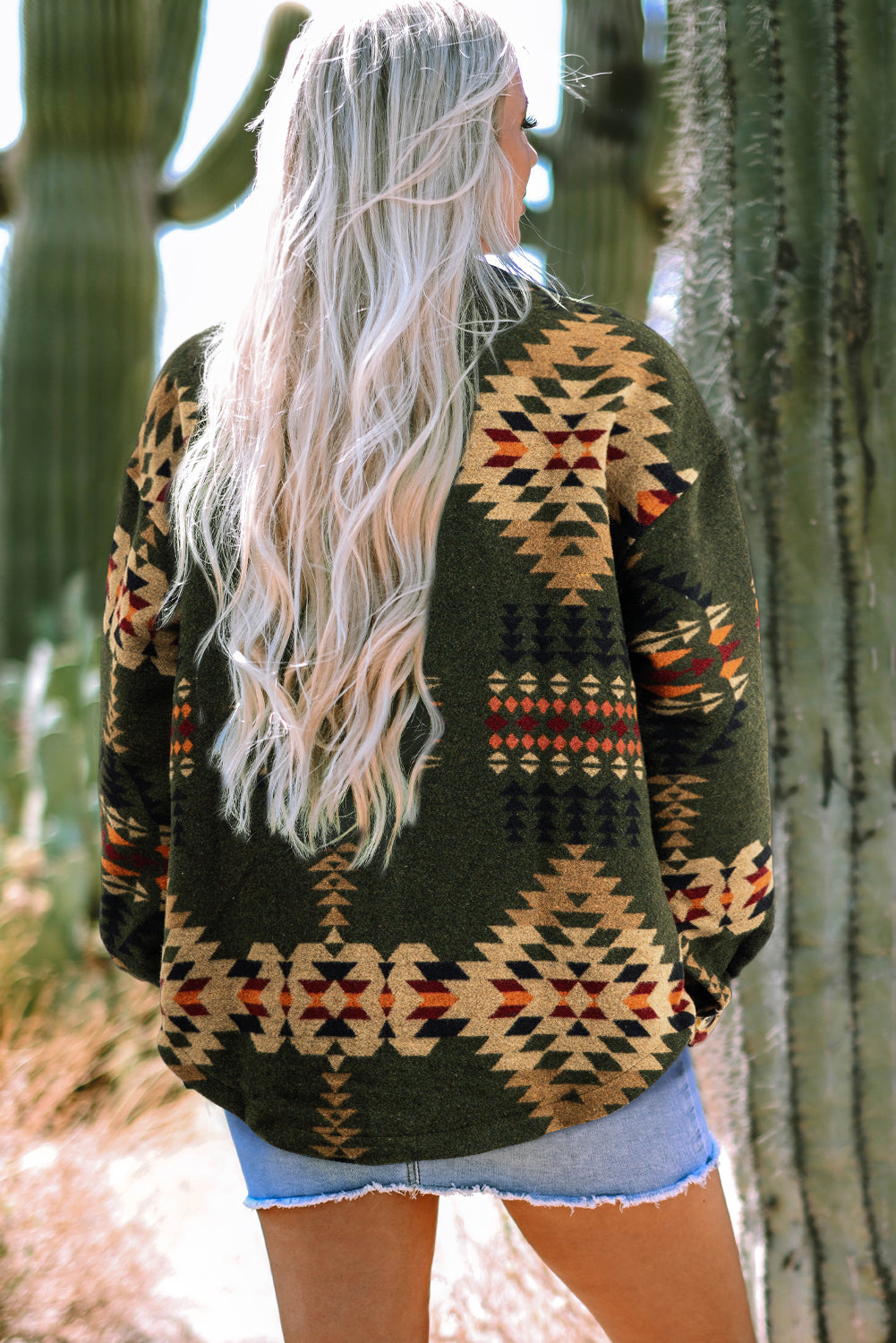 Green Aztec Print Long Sleeve Shacket