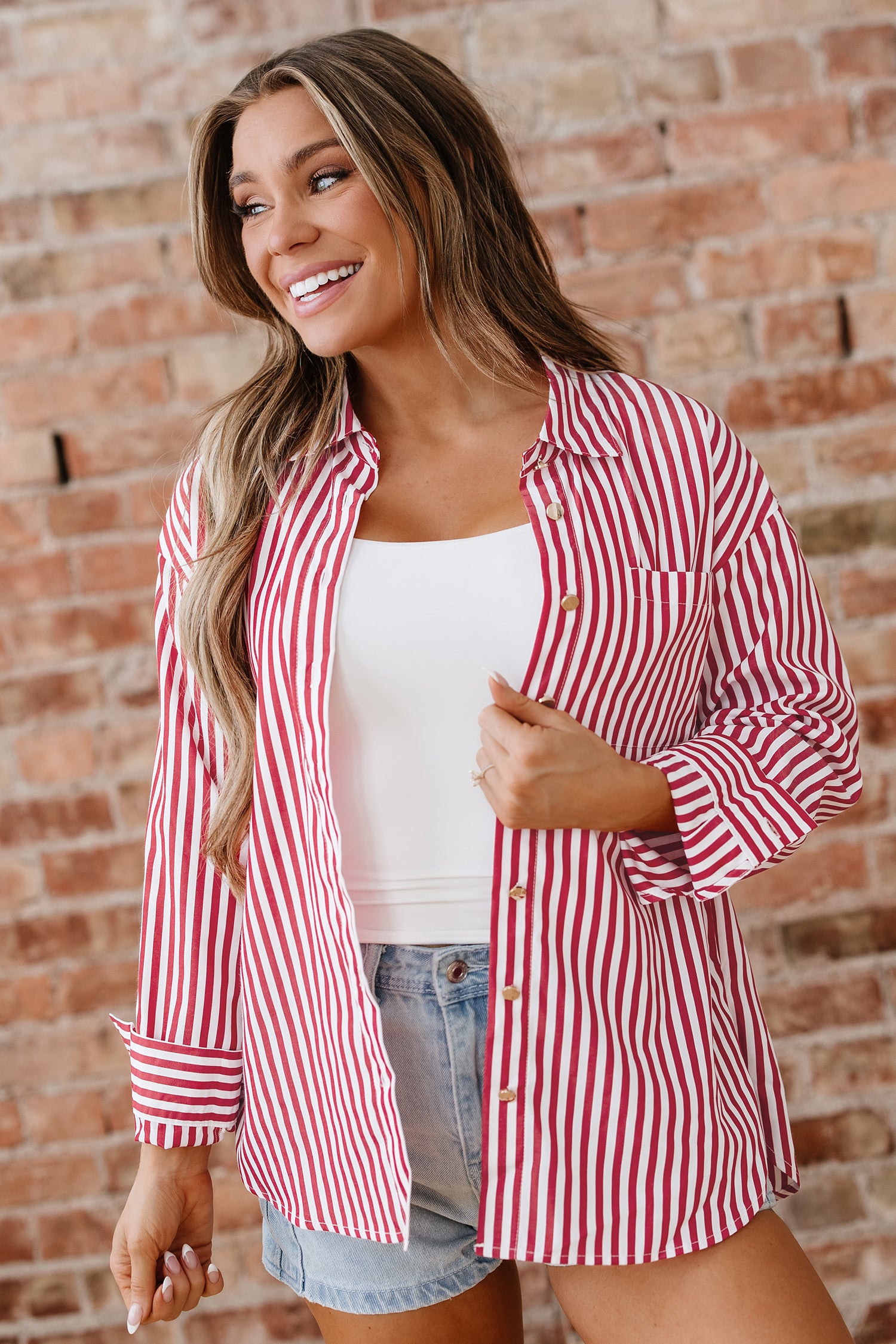 Red Stripe Pocket Side Loose Shirt