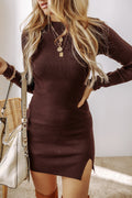 Coffee Slim Fit Side Slit Sweater Dress