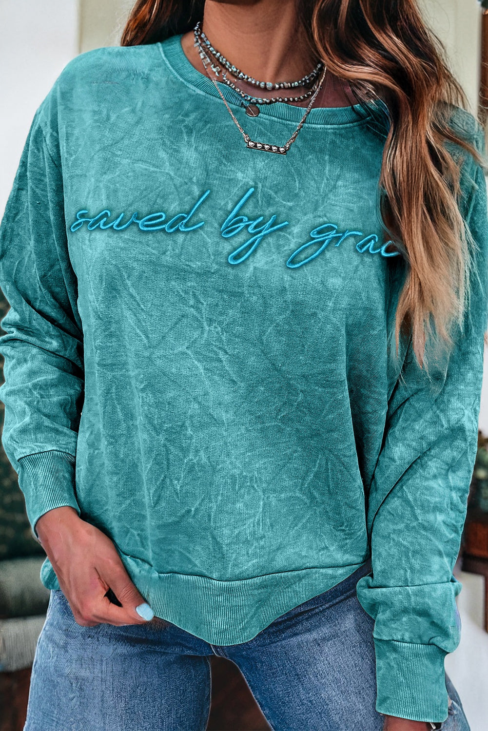 Saved By Grace Embroidered Mineral Wash Sweatshirt