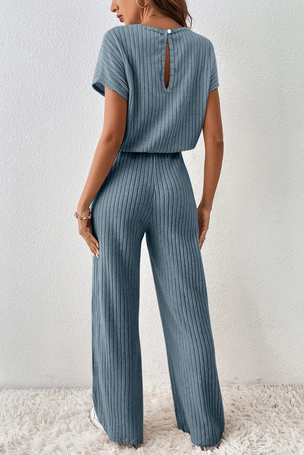 Ribbed Keyhole Short Sleeve Jumpsuit