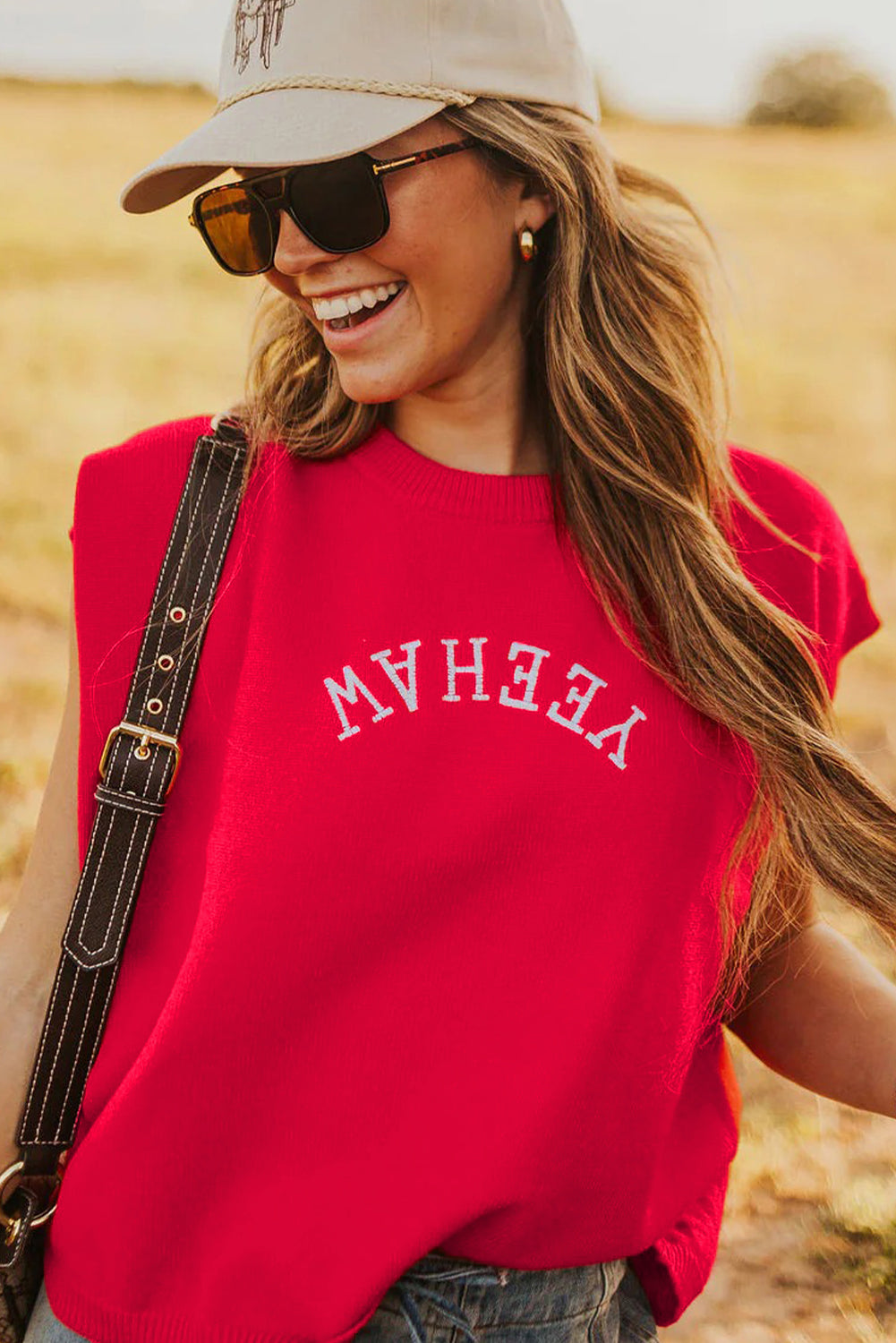 YEEHAW Embroidered Short Sleeve Sweater