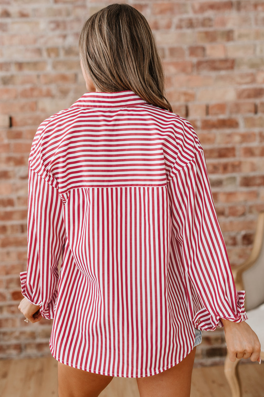 Red Stripe Pocket Side Loose Shirt