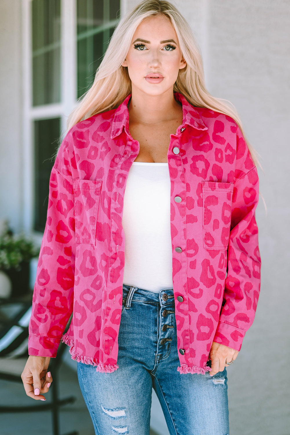 Pink Leopard Print Raw Hem Jacket