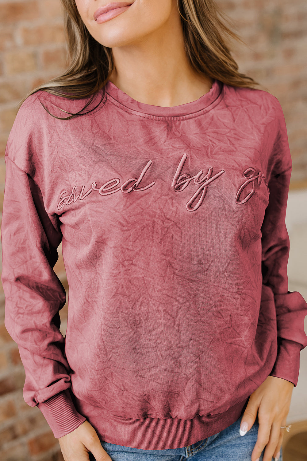 Saved By Grace Embroidered Mineral Wash Sweatshirt
