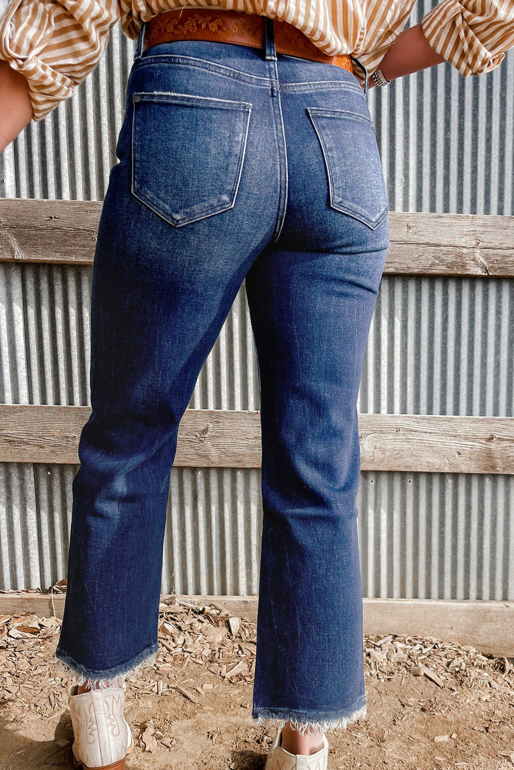 Sail Blue Turquoise Pattern Raw Edge Cropped High Waist Jeans
