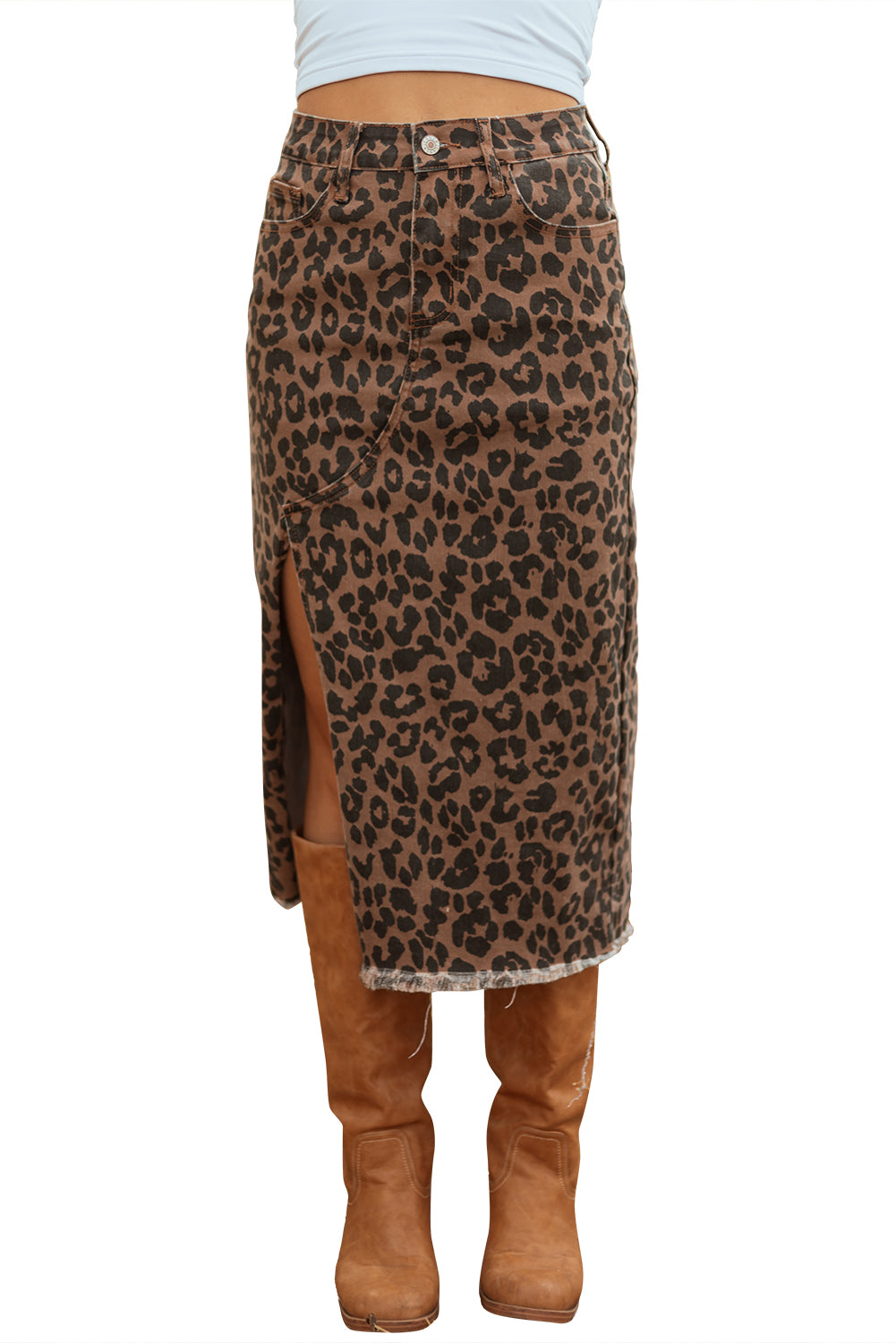 Leopard Denim Frayed Split Denim Midi Skirt