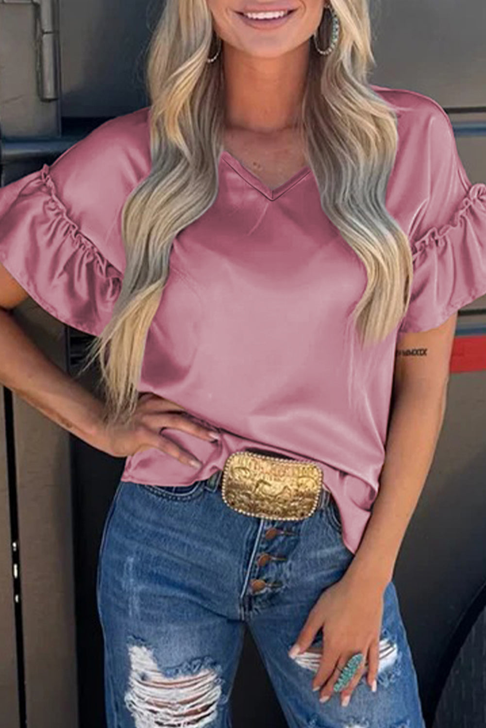 Satin Ruffle Sleeve Top