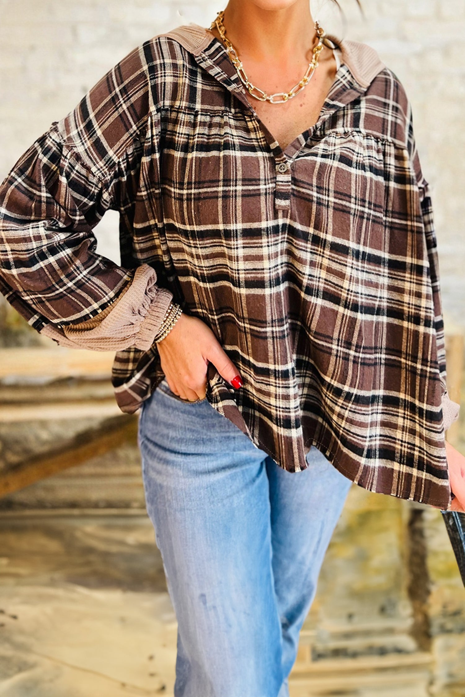 Brown Plaid Long Sleeve Hooded Sweater