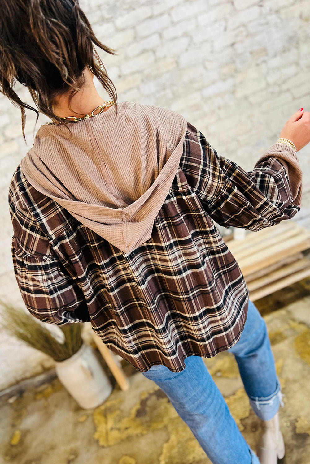 Brown Plaid Long Sleeve Hooded Sweater