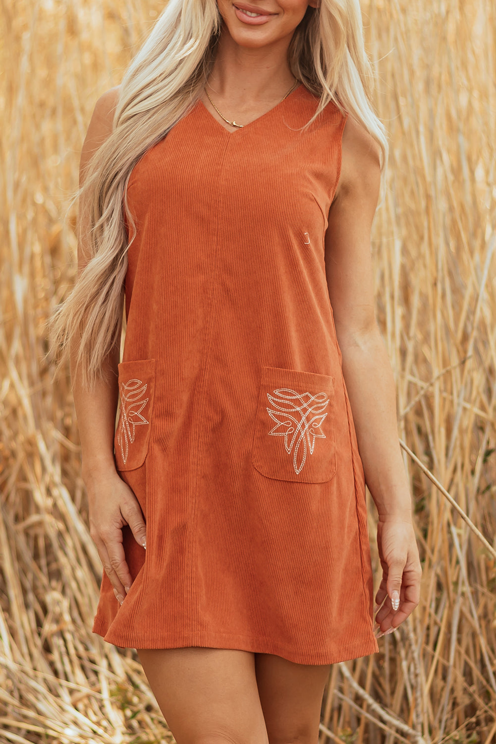 Corduroy Western Embroidered Sleeveless Mini Dress