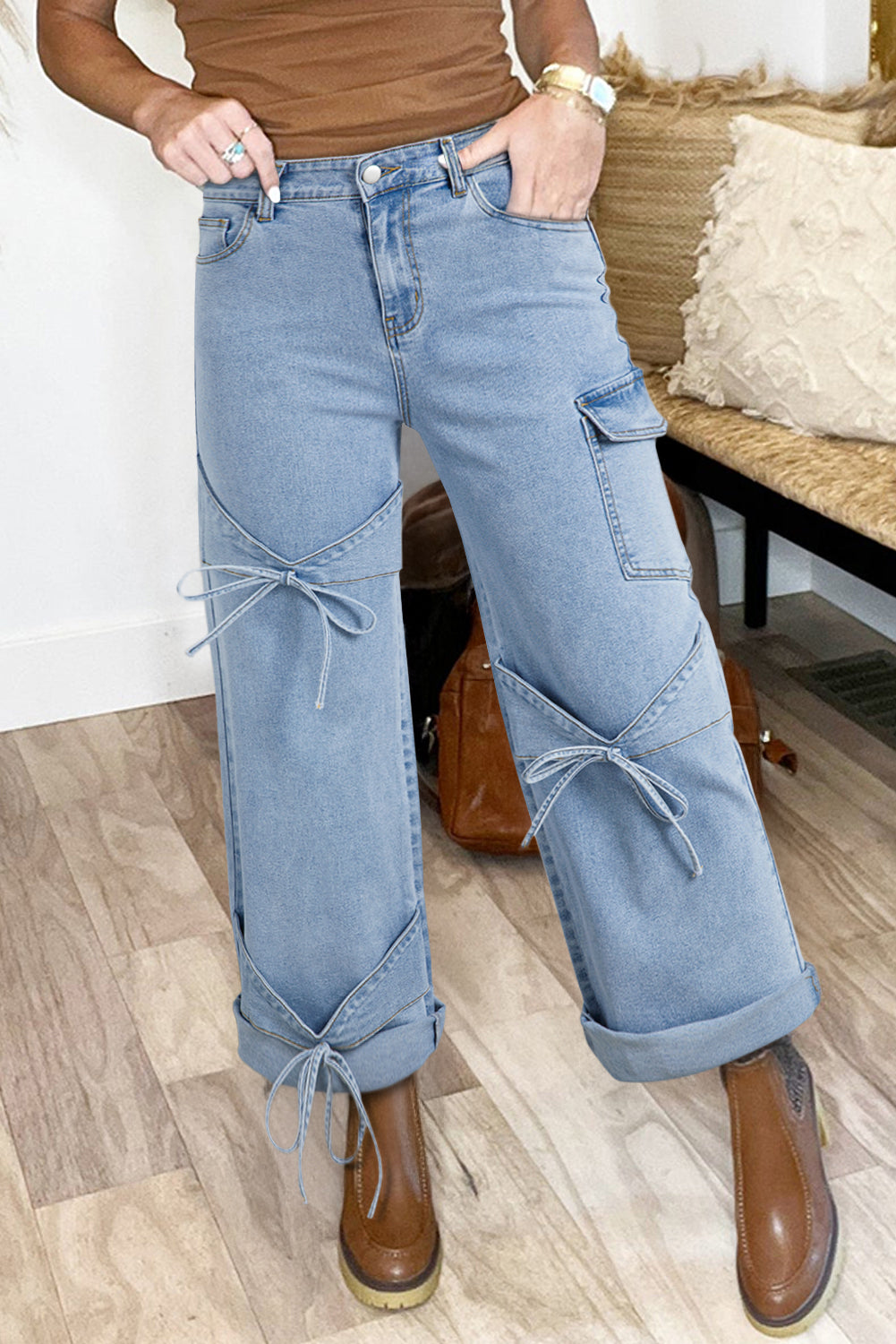 Blue Bowknot Boyfriend Cargo Jeans
