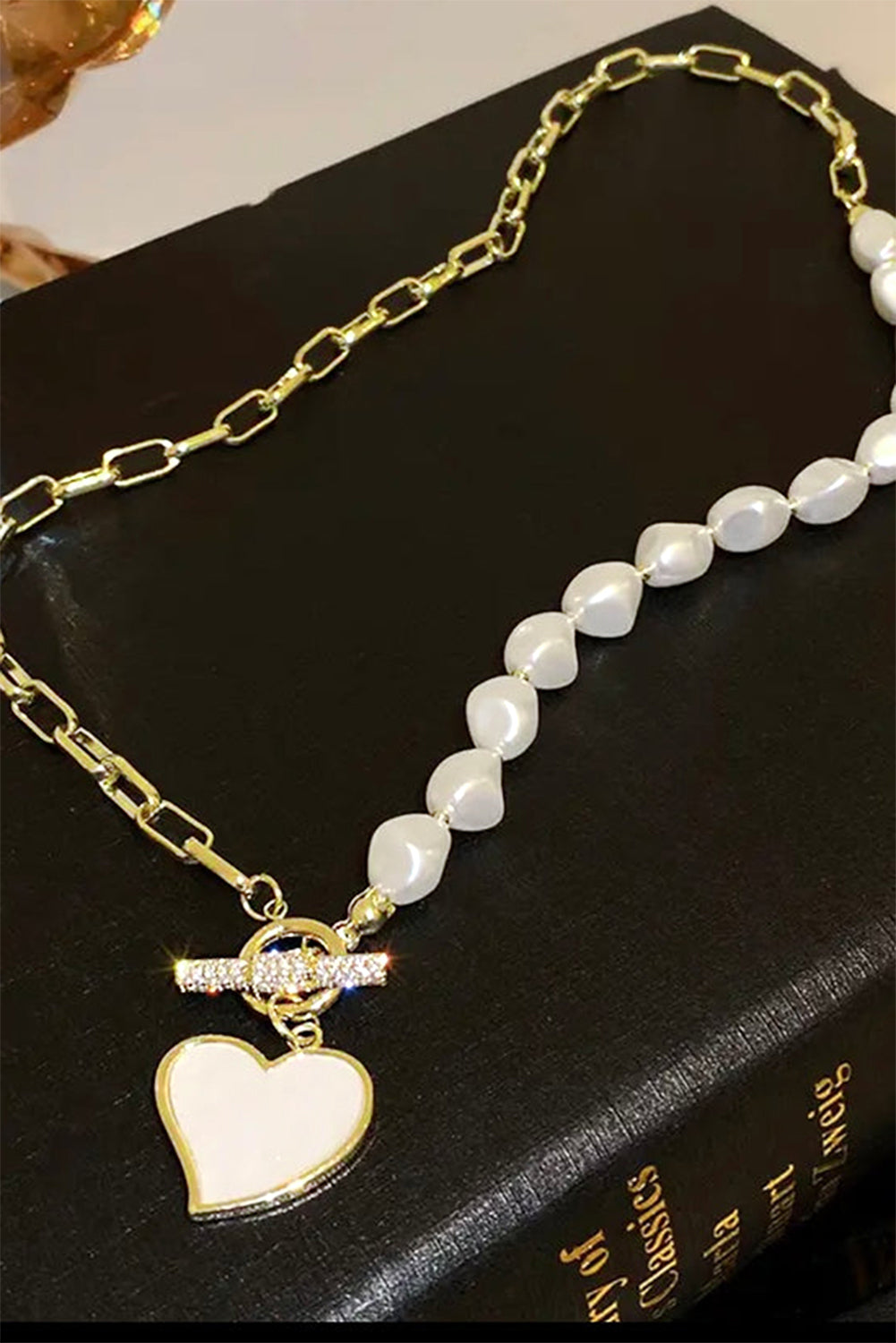 Heart Shape Pendant Pearl Chain Necklace